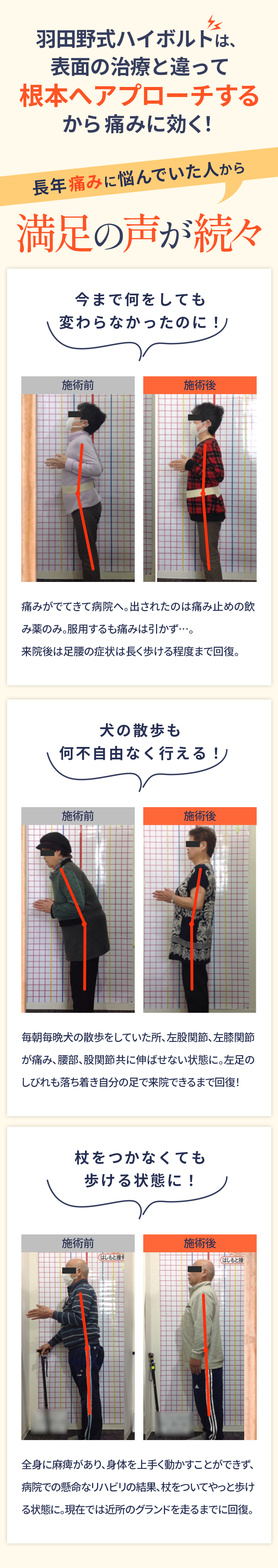 長年痛みに悩んでいた人から満足の声が続々